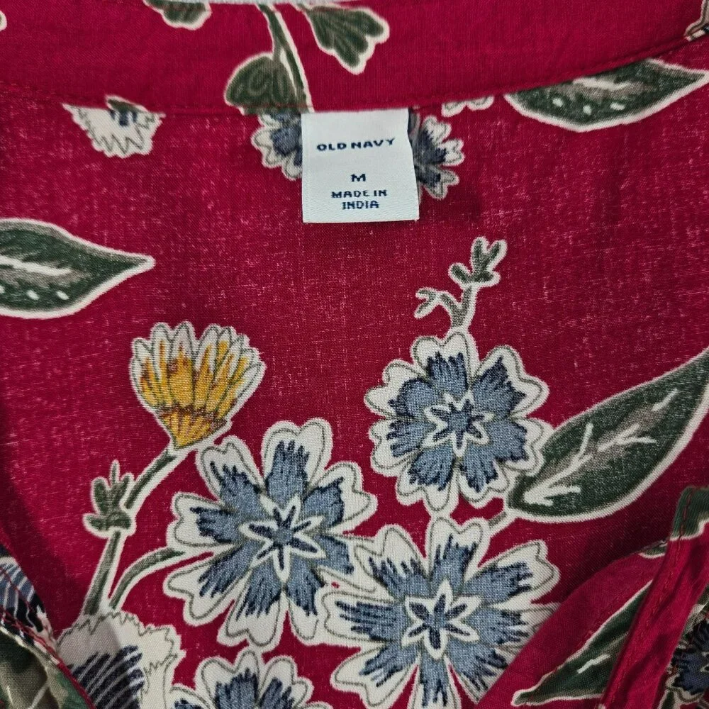 Old Navy Red Floral Boho Sleeveless Dress Womens M Rayon Tassel Tie Neck Pleated - Picture 5 of 12